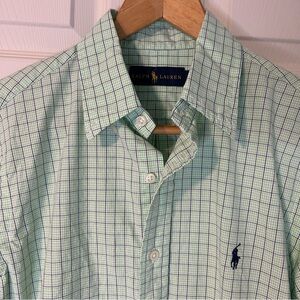 Ralph Lauren Medium Long Sleeve 100% Cotton Button Up, green with navy stripes